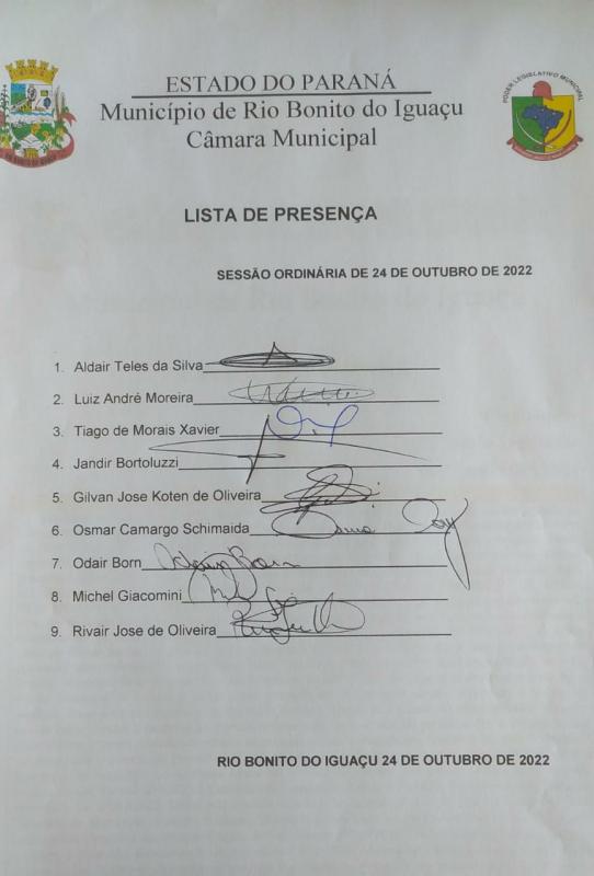 Lista de Presença dos vereadores 24 de outubro de 2022